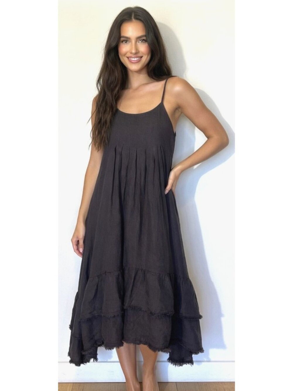 The Shanty Corporation 100% Linen Espresso Spaghetti Strap Boho Midi Dress